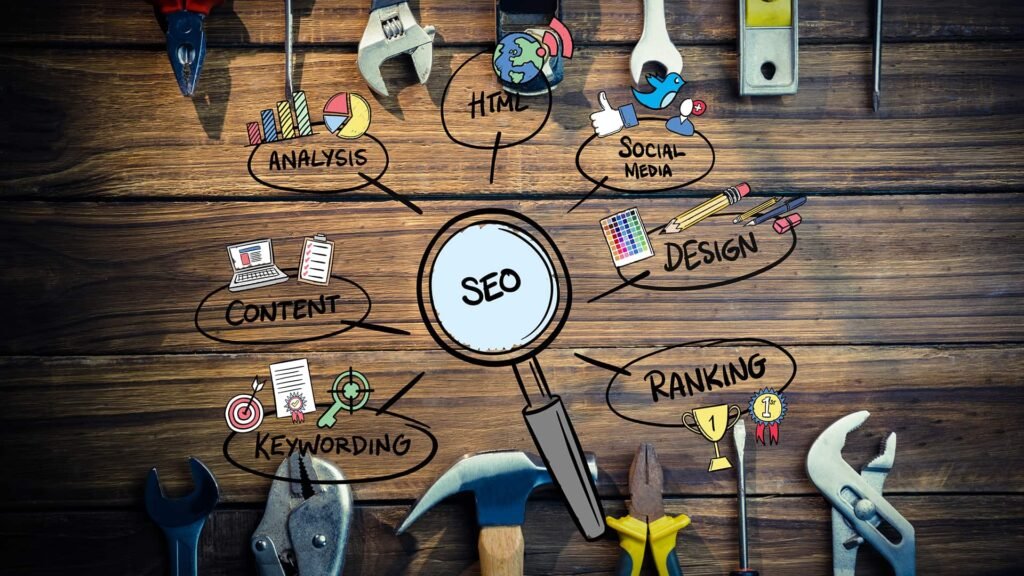 A wooden desk displays pliers, wrenches, and a hammer encircling a central magnifying glass illustration, with connected bubbles and icons representing analysis, design, and strategy