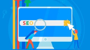 Illustration of SEO optimization showing a desktop computer with a search bar displaying "SEO," a magnifying glass highlighting the search field, a cursor clicking the search button, and colorful upward arrows representing improved search rankings and website growth.