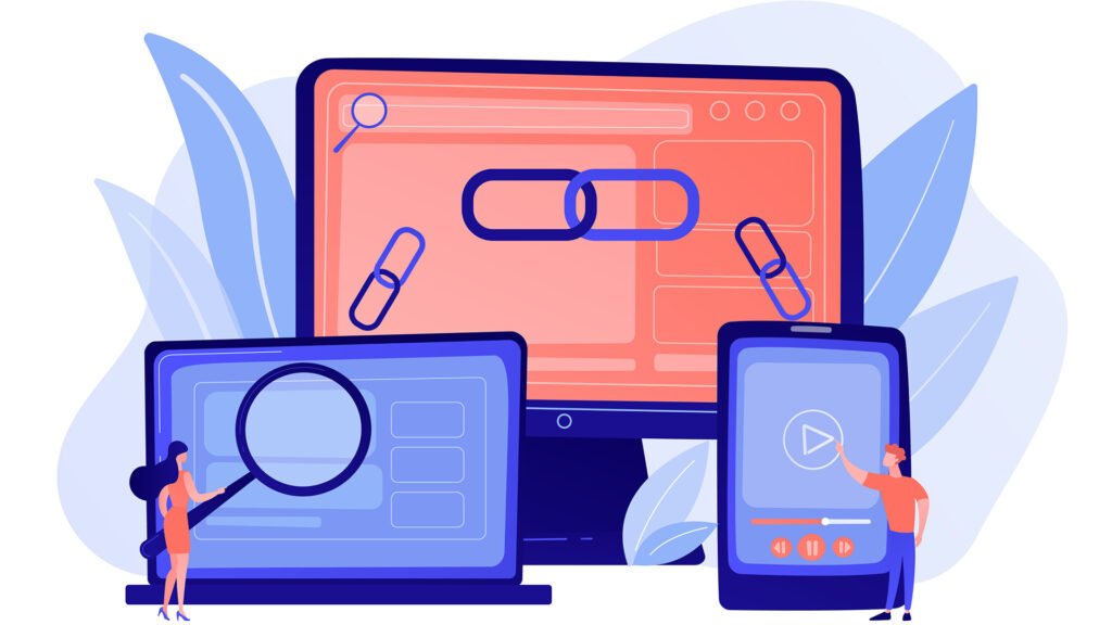 Illustration of devices connected with chain links, representing backlinks in SEO, website linking, and digital networking concept