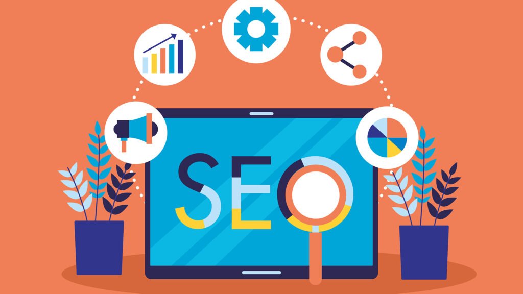 Illustration of SEO dashboard on screen with icons for analytics, marketing, and link building, representing search engine optimization strategy and digital growth
