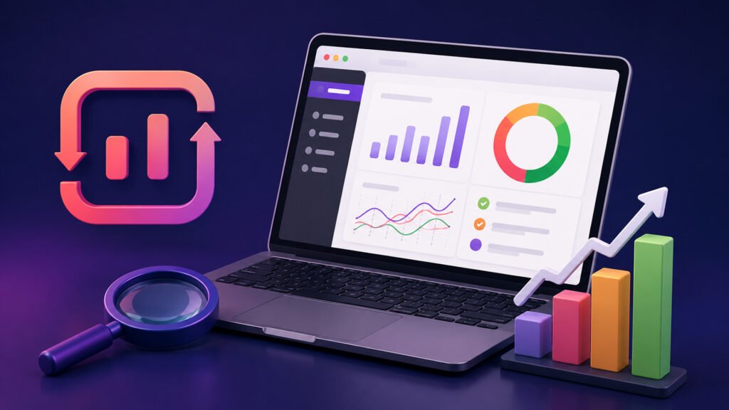 3D illustration of a laptop displaying colorful SEO analytics charts with a magnifying glass, growth graph, and digital marketing dashboard on a dark background.