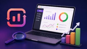 3D illustration of a laptop displaying colorful SEO analytics charts with a magnifying glass, growth graph, and digital marketing dashboard on a dark background.