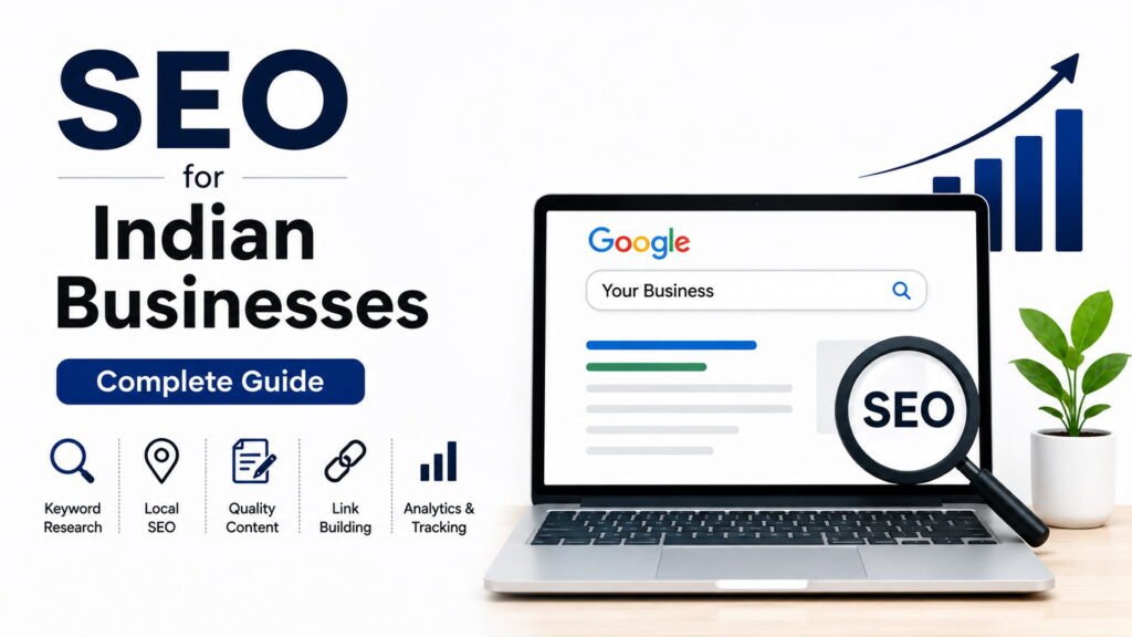 SEO for Indian businesses guide banner with laptop showing Google search page, magnifying glass, SEO analytics icons, and business growth chart on white background.