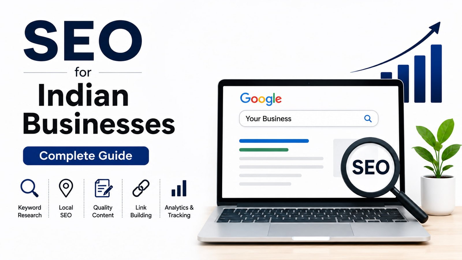 SEO for Indian businesses guide banner with laptop showing Google search page, magnifying glass, SEO analytics icons, and business growth chart on white background.