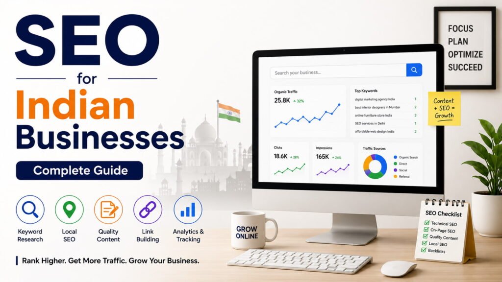 Modern SEO marketing illustration for Indian businesses featuring Google search optimization, keyword research icons, analytics graph, and digital business growth concept.