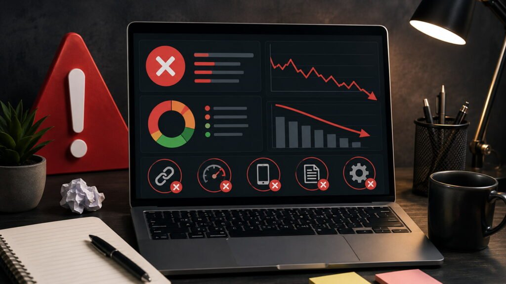 Dark-themed workspace with a laptop displaying SEO errors, declining traffic graphs, warning symbols, and website optimization issues.