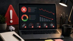 Dark-themed workspace with a laptop displaying SEO errors, declining traffic graphs, warning symbols, and website optimization issues.
