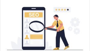 Minimal illustration of an SEO expert analyzing website performance on a mobile screen with a magnifying glass and clean business-themed design.