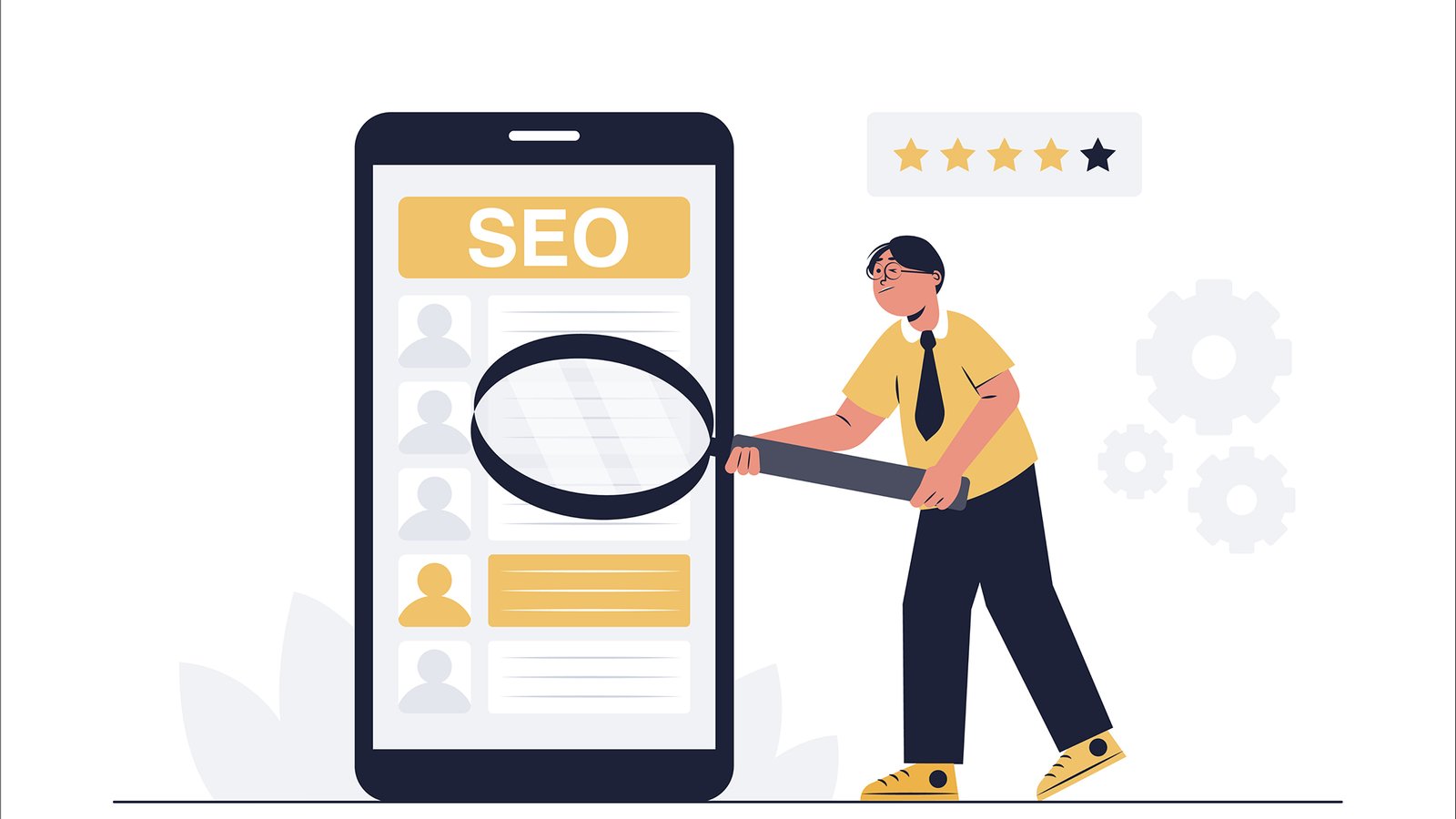 Minimal illustration of an SEO expert analyzing website performance on a mobile screen with a magnifying glass and clean business-themed design.