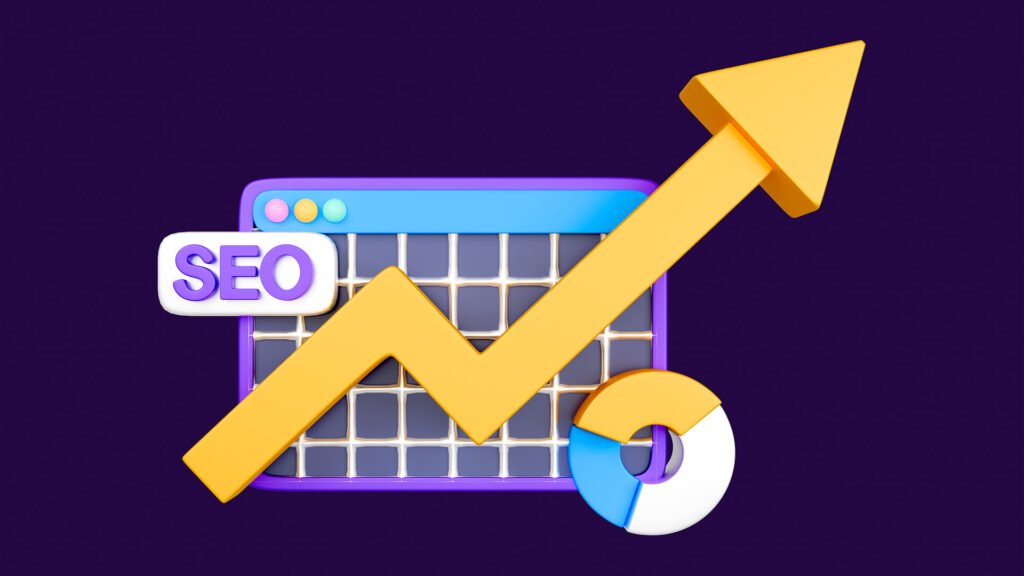 3D SEO growth illustration with purple bar charts, upward arrow, and magnifying glass on a dark purple background.