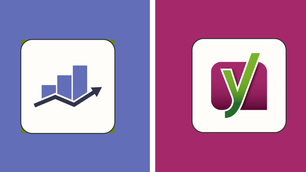 Illustration comparing Rank Math and Yoast SEO plugins with colorful backgrounds and SEO-related icons representing website optimization tools.