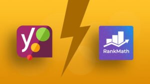 Graphic showing Yoast SEO vs Rank Math comparison with plugin logos and a lightning bolt symbol representing competition between SEO tools.