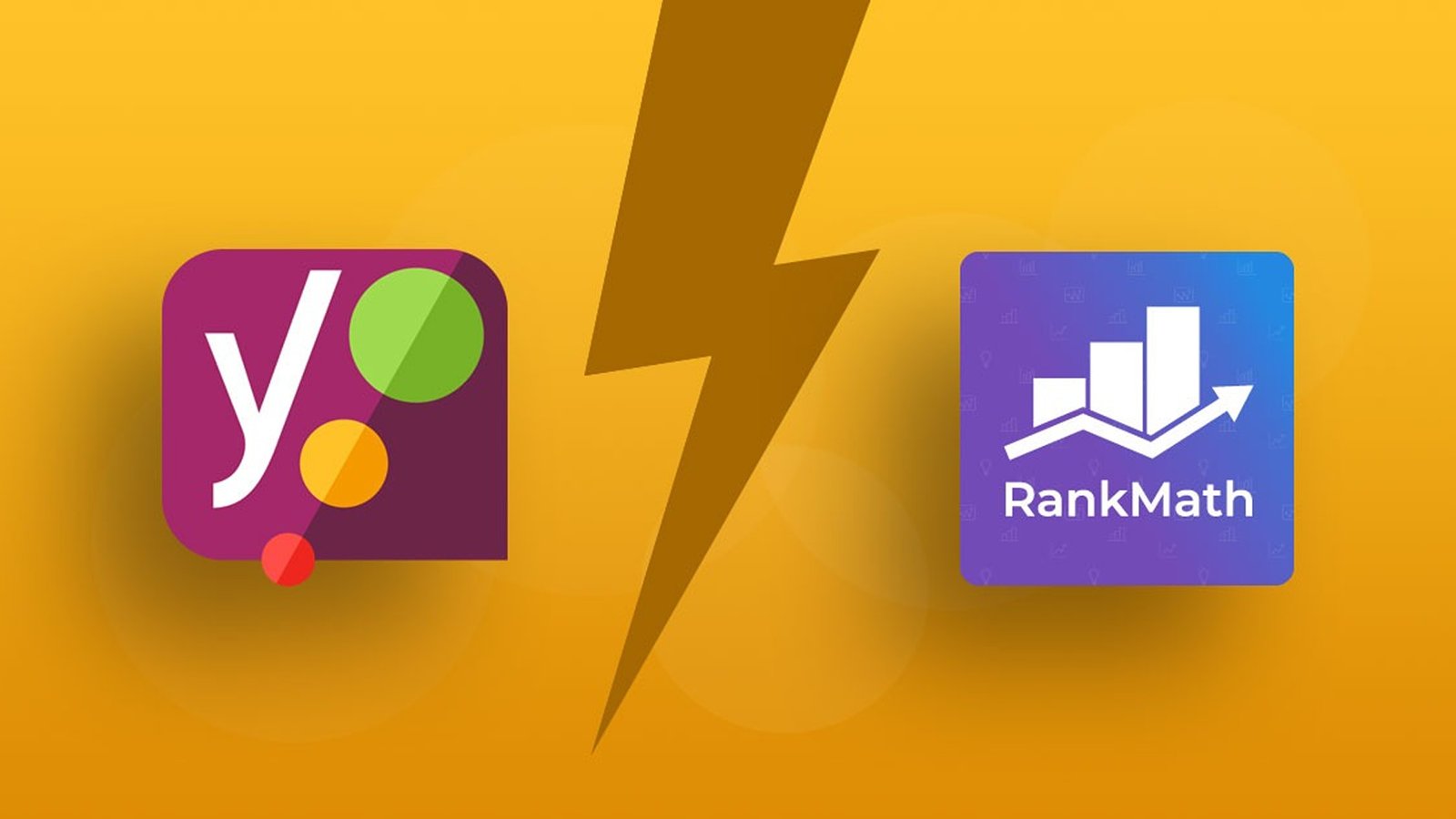 Graphic showing Yoast SEO vs Rank Math comparison with plugin logos and a lightning bolt symbol representing competition between SEO tools.