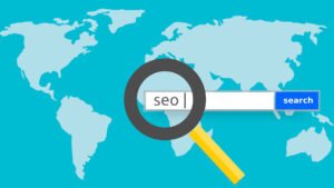 A flat-style illustration of a magnifying glass over a search bar with the word 'SEO' typed in it and a blue 'Search' button, set against a teal world map background, representing global search engine optimization.