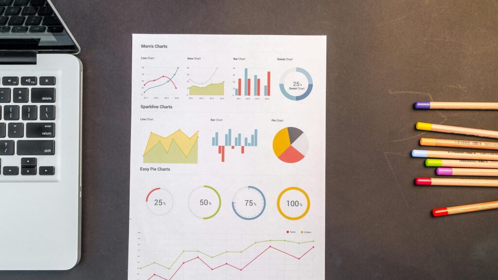 SEO analytics report on a desk beside a laptop and colored pencils, showing charts, graphs, pie charts, and website performance statistics for digital marketing analysis.