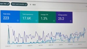 A sleek analytics interface displays a six‑month trend graph with fluctuating data lines and key performance indicators, symbolizing search visibility and digital reach.