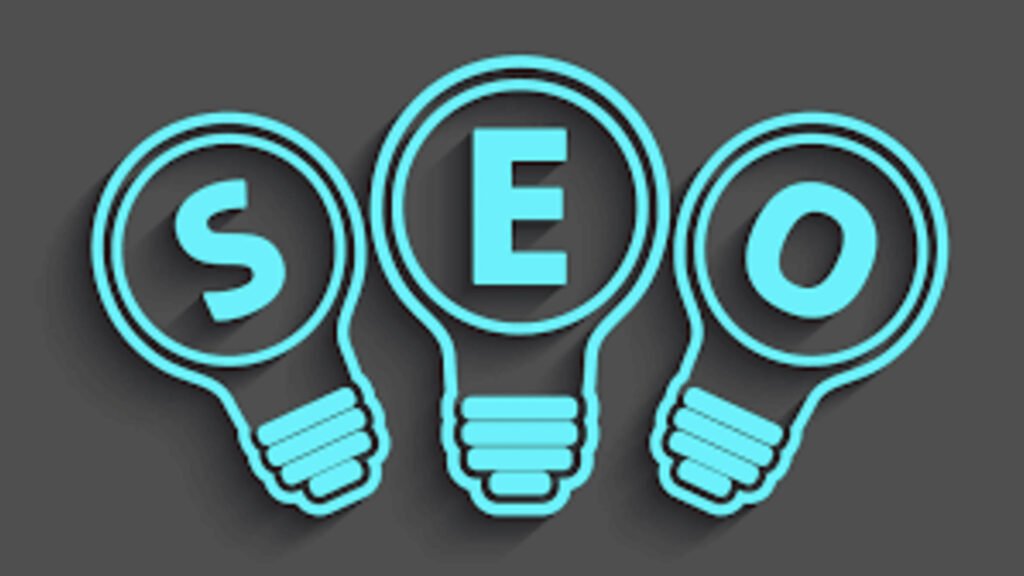 Illustration of SEO letters designed as glowing blue light bulbs on a dark background, representing creative search engine optimization ideas.