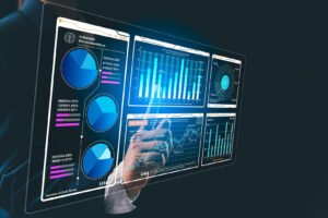 Digital SEO analytics dashboard displaying charts, graphs, and performance metrics on a futuristic transparent screen for website traffic and search engine optimization analysis.